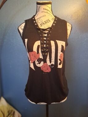 Occasion Black Lace-Up Tank with Rose 'LOVE' Graphic